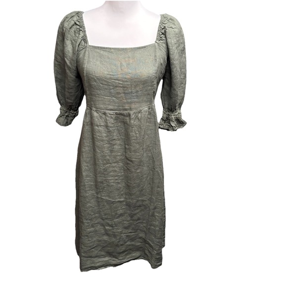 Valentina Naldi Dress Medium 100% Linen Green Peasant Puff Sleeve Made In‎ Italy - Picture 1 of 7